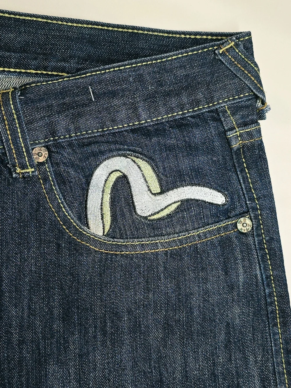 Evisu Men's Dark Blue Denim Shorts with Yellow Topstitching